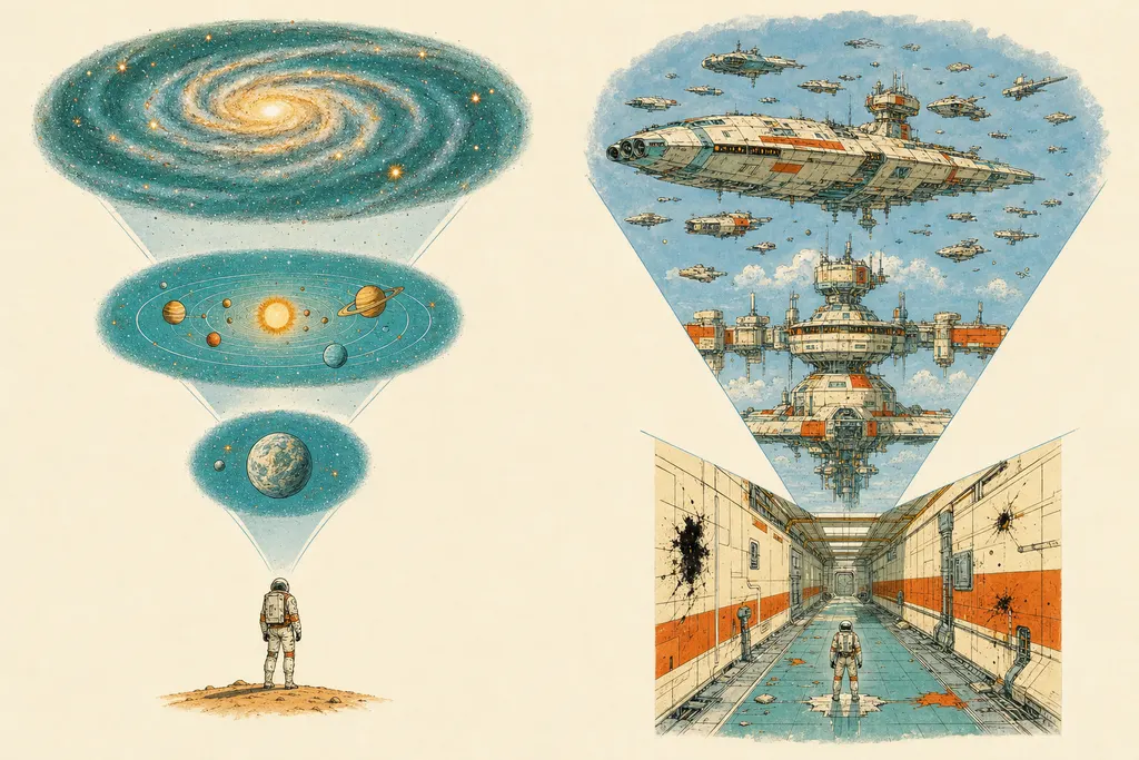 Deux schémas opposés
: de la galaxie vers un personnage, et d'une coursive vers tout un monde