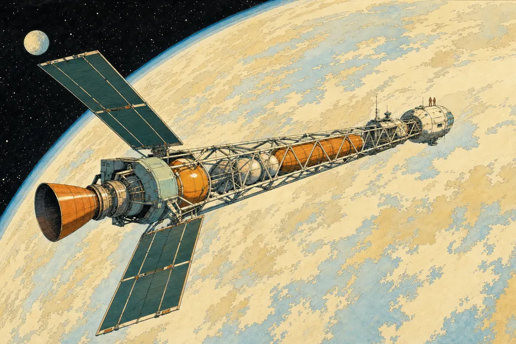 Vaisseau spatial en forme de longue poutre, avec réacteur à l'arrière, grands radiateurs et module d'habitat, devant une planète