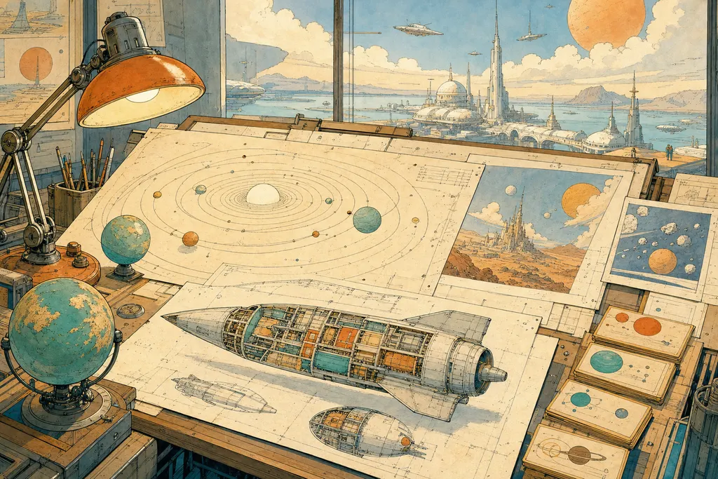 Plan d'un monde de science-fiction étalé sur une table d'ingénieur
: orbites, planètes, schémas et notes