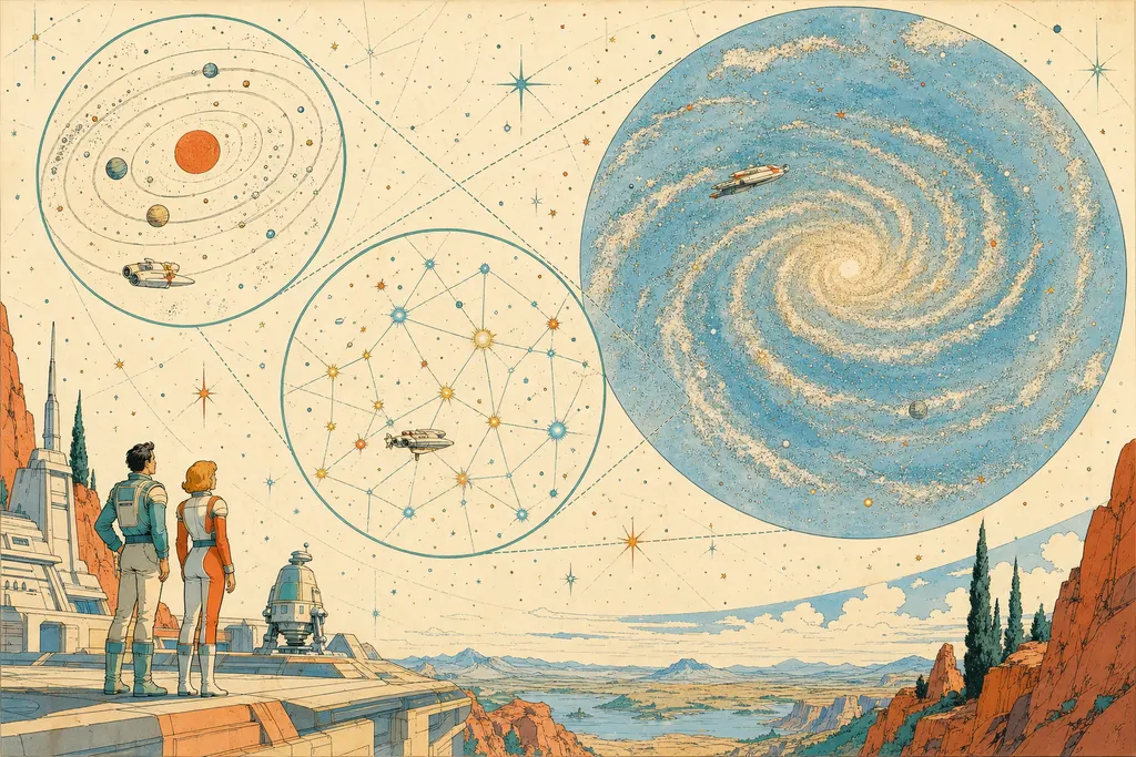 Carte à trois niveaux d'échelle
: système solaire, voisinage stellaire et galaxie entière