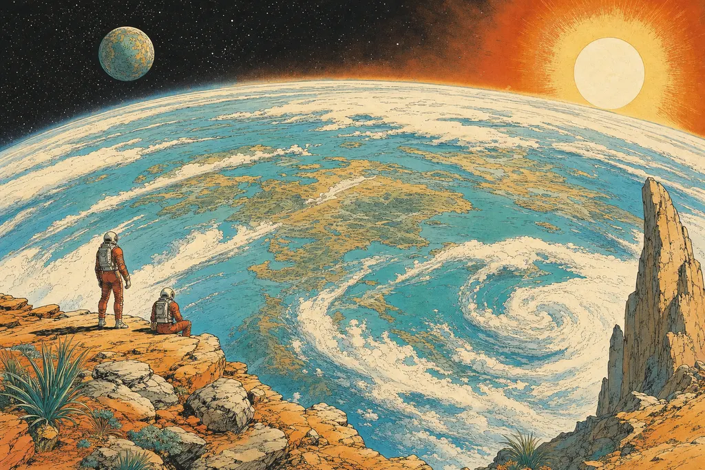 Planeta rochoso com oceanos e nuvens à beira de uma estrela alaranjada, visto de uma órbita próxima