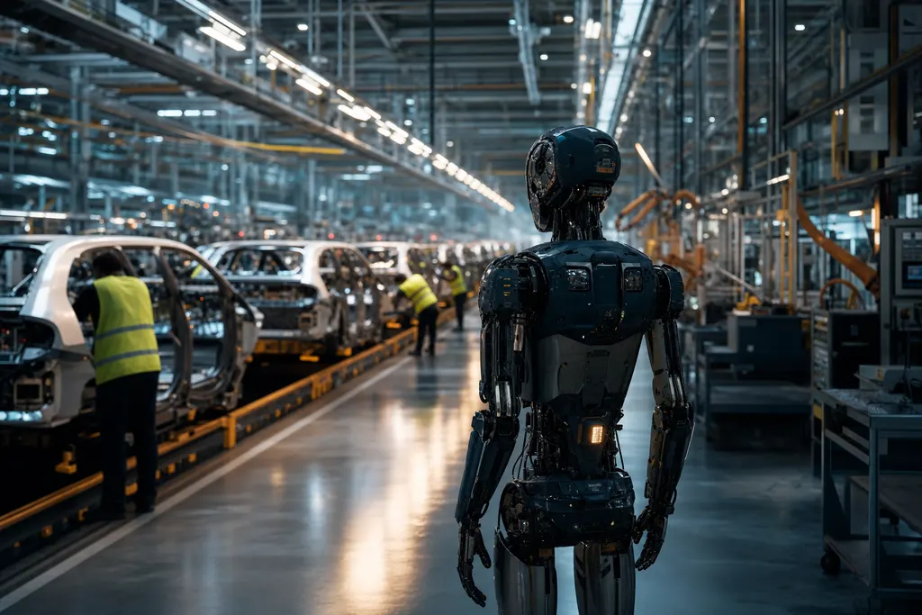 A humanoid robot standing on an automotive assembly line in a large, brightly lit factory hall