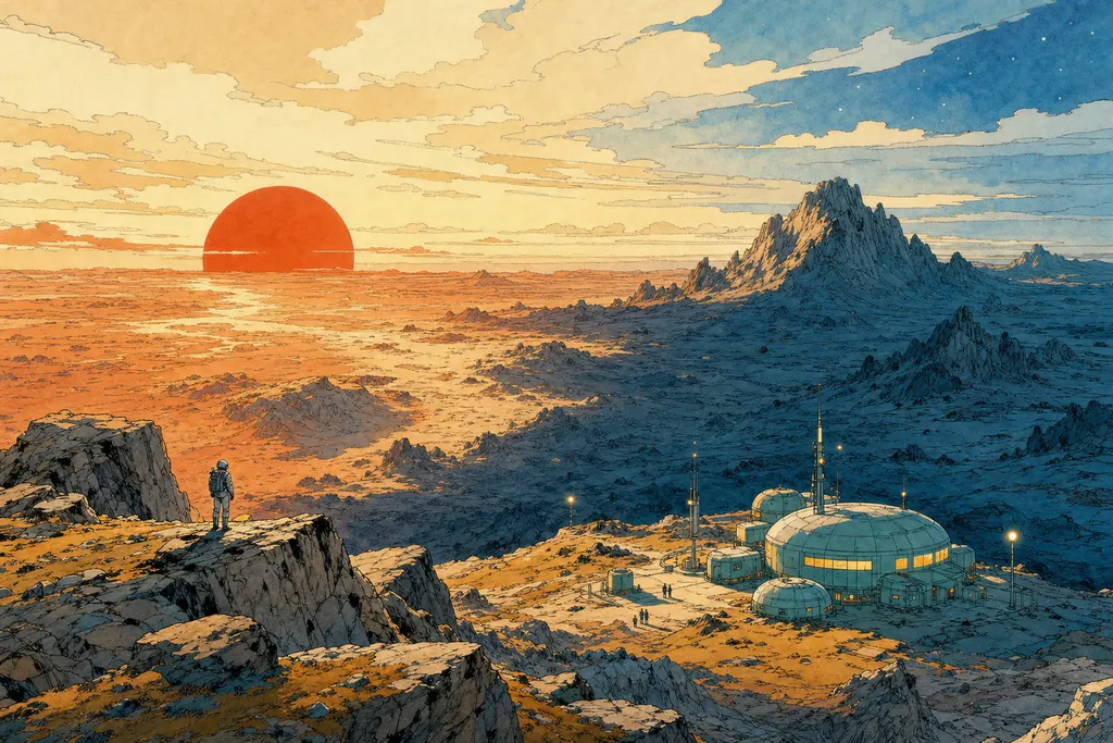 Planète rocheuse au terminateur, éclairée par un petit soleil rouge bas sur l'horizon, avec une base de colons au premier plan
