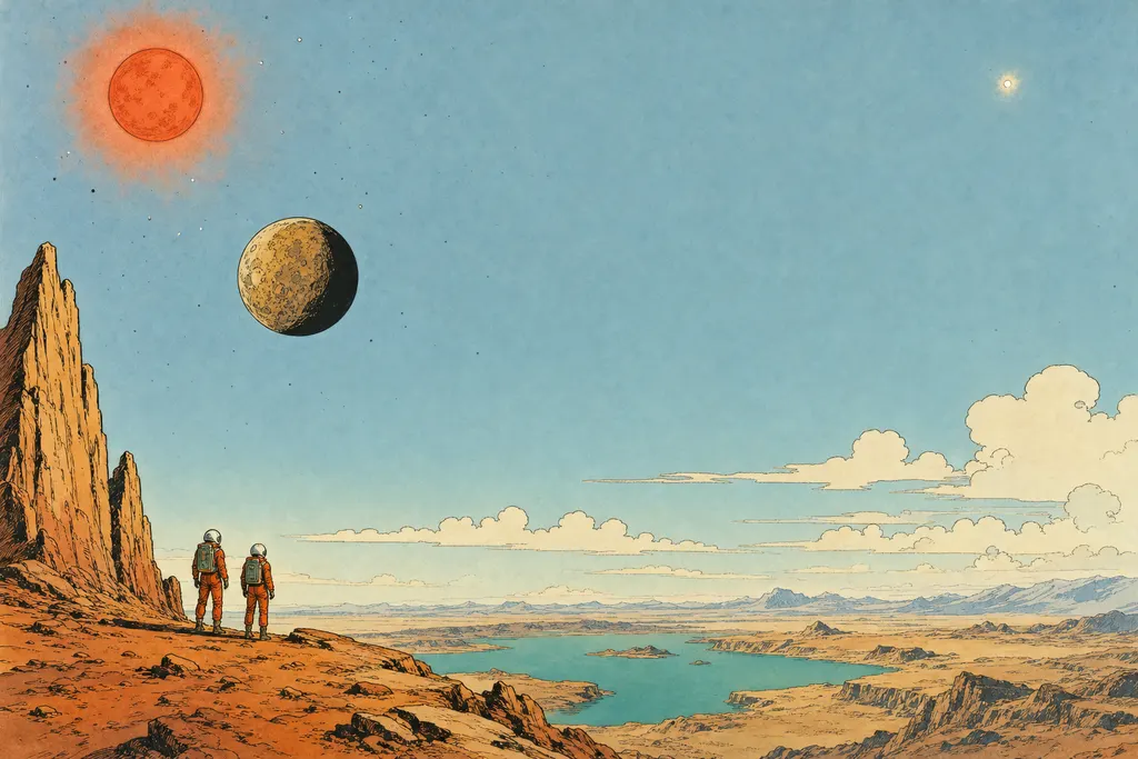 Proxima Centauri b très proche de sa naine rouge, avec le Soleil minuscule au loin