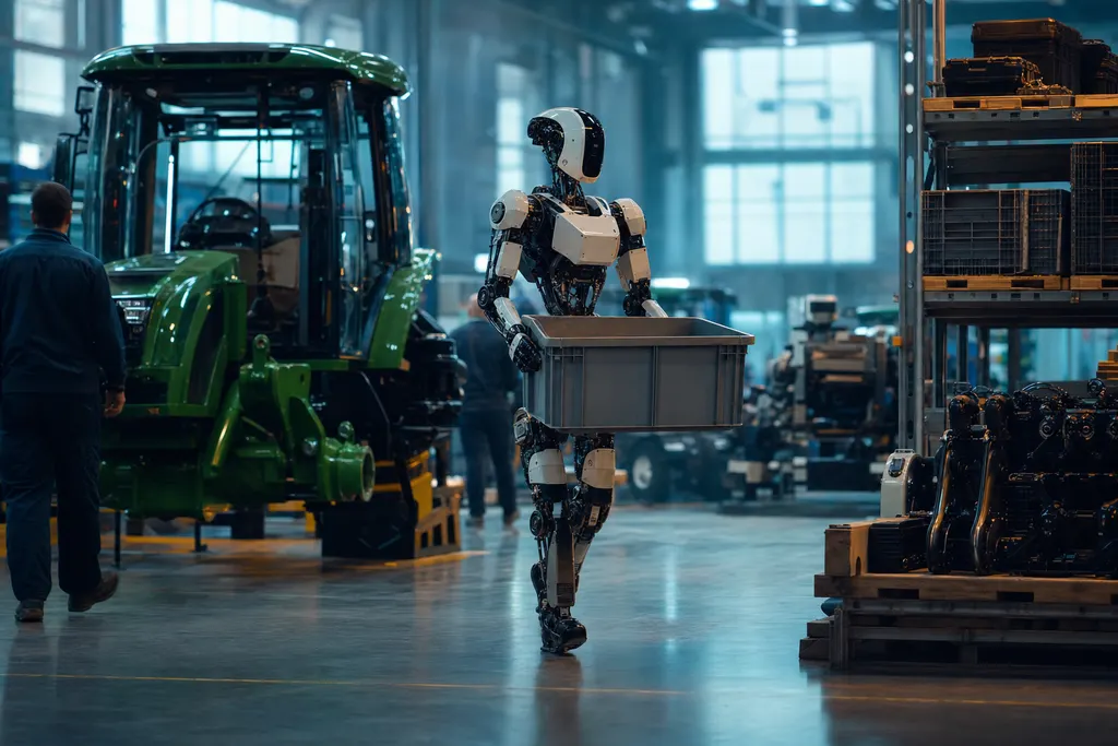 Un robot humanoïde bipède portant un bac en plastique devant des pièces de tracteur sur une chaîne d'assemblage